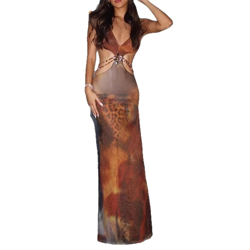 Robe longue en maille pour femmes, imprimé teinture par nouage, découpée, plongeante, dos nu, Sexy, robes de soirée sur la plage, été