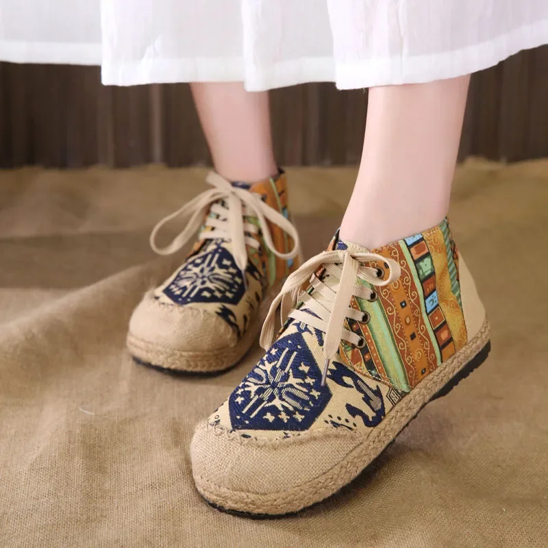 2023Women Shoes Boho Cotton Linen Canvas Single National Woven Round Toe Lace Up Cloth Shoes Woman Flats Size 35-40