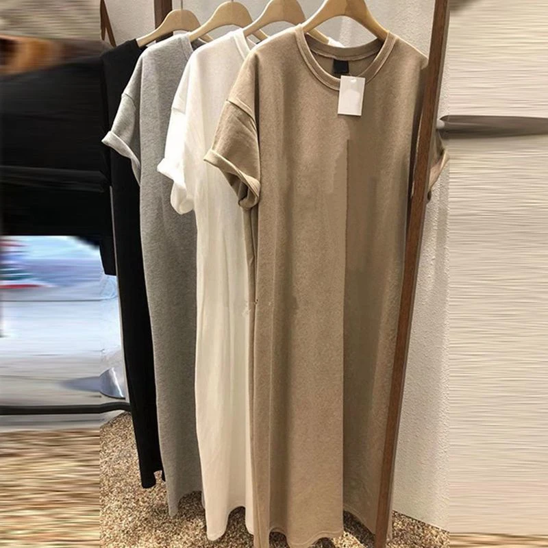 

Женское повседневное платье-футболка больших размеров с круглым вырезом и коротким рукавом в корейском стиле, летнее, свободного кроя, до колен, однотонное