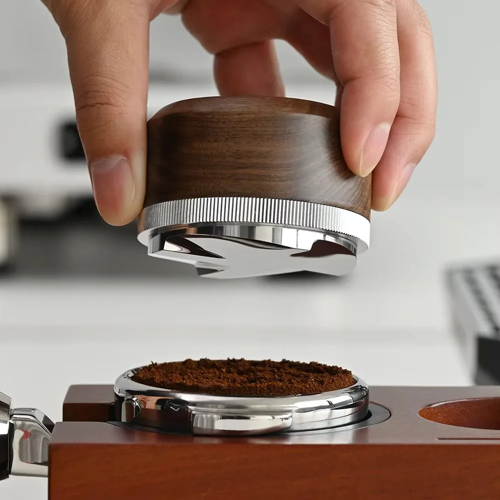 MUVNA Walnut Espresso Coffee Distributor 51mm 53mm 58mm Adjustable Height Coffee Leveler 304 Stainless Steel Base Barista Tool