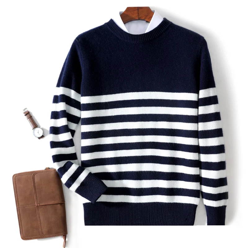 ADDONEE Men's O-neck Striped Pullover Sweater Smart Casual Long Sleeve Loose Jumper 100% Merino Wool Knitwear Spring Autumn Tops