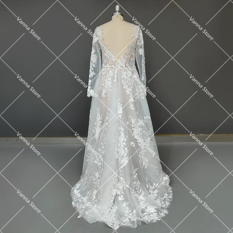 Robe de Mariée en Tulle Brodée à Manches sulf, Tenue Personnalisée, Dos aux, Dentelle, Maille, Col en V, Grande Taille, pour Patients de Luxe