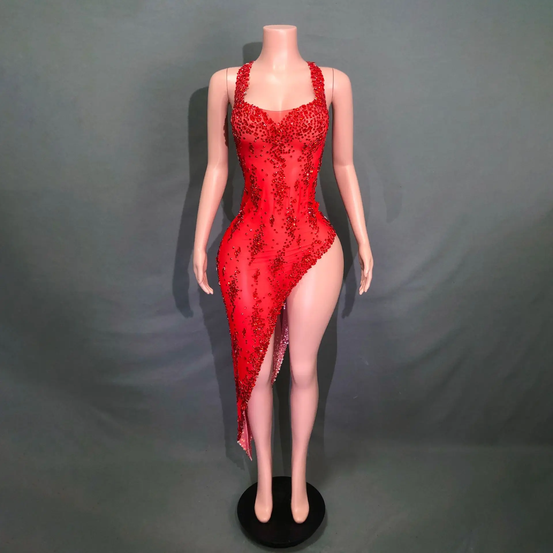 

Onesie Stage Full Of Diamond Onesie Red Sexy Perspective Luxury Prom Dresses Vestidos De Fiesta Damen Kleider Abendkleid Elegant