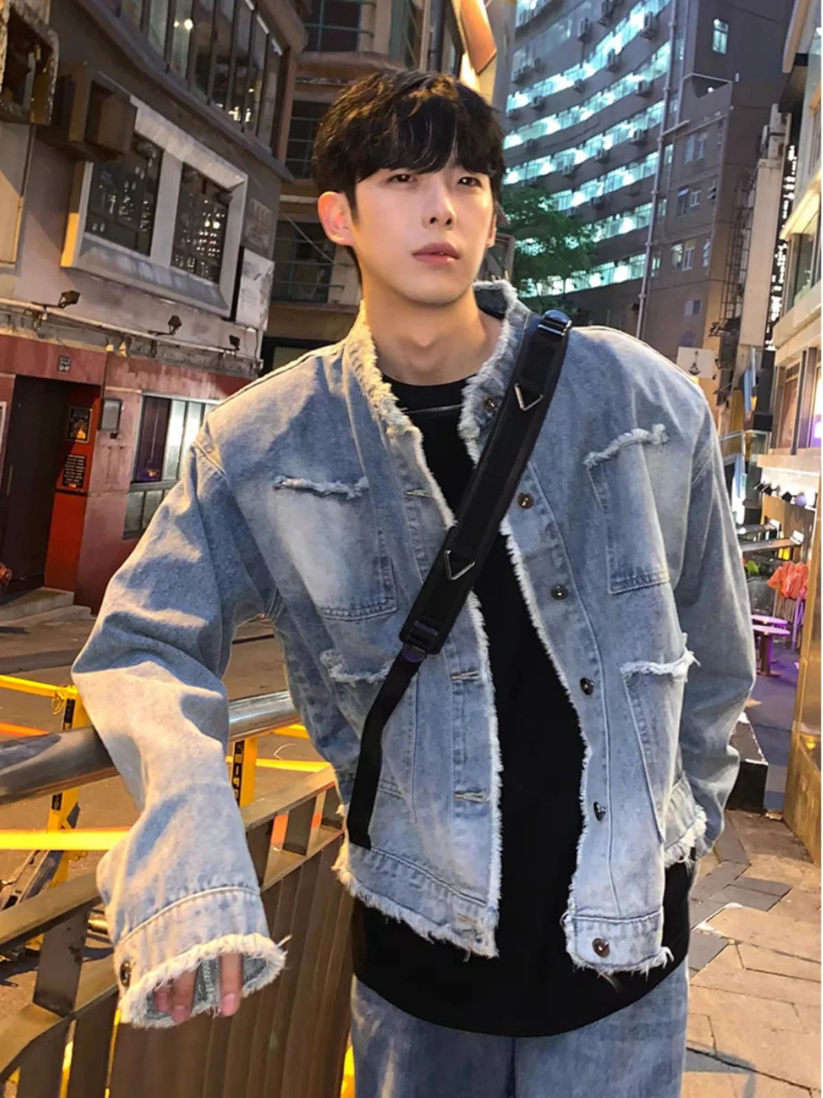 

Retro American Sle Men's Denim Jaet Spring Autumn Loose Fit Distred ort Coat Youthful Trendy Multi ket Design