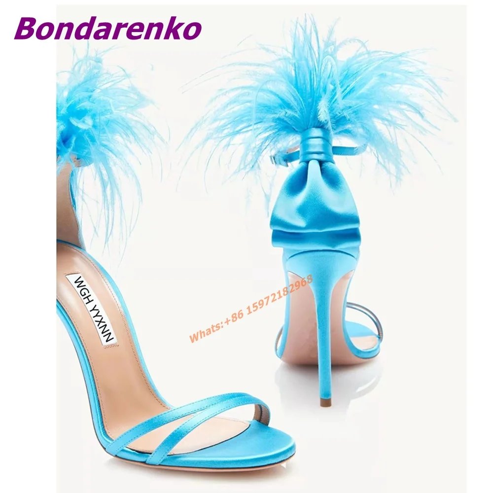 

Feather Flower Banquet Sandals Catwalk High Heeled Shoes Women's Stiletto Sexy Open Toe Solid Ankle Buckles Sandals Summer Blue