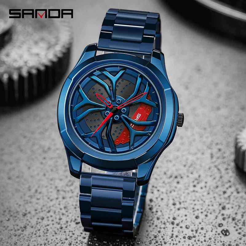 Fashion Sanda Brand Men Racing Watch 360°rotating Dial Blue Full Stainless Steel Brand New Mens Watches Waterproof Quartz Reloj