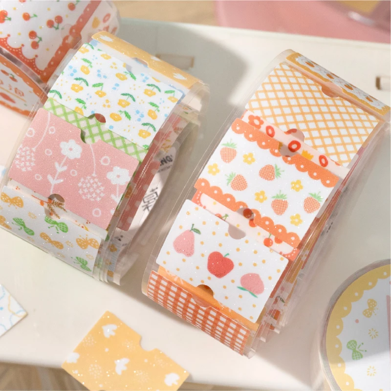 Kawaii Sparkling Sand Floral Label Sticker Tape Creative Collage Handmade Journal DIY Diary Album Scrapbook Aesthetic Stickers