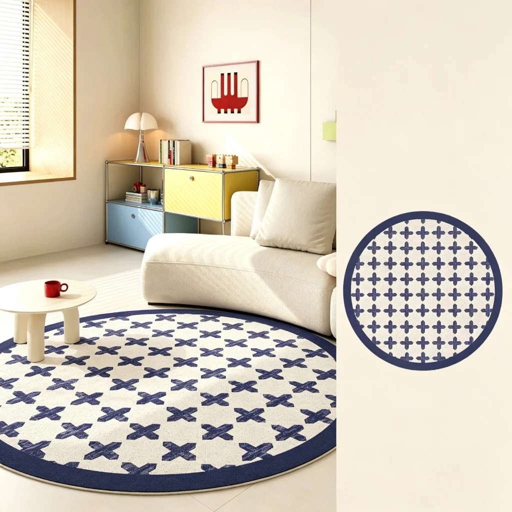 VIKAMA Cream Navy X Cross Grid Border Circular Rug Graphic Sleeping Space Room Accent Fashionable Silky Snug Robust Soft Durable