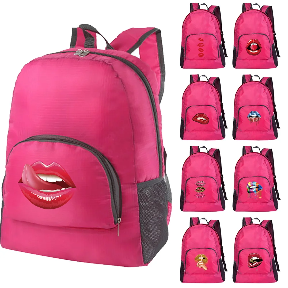 Mouth Print Lightweight Folding Backpack Packable Outdoor Bag Foldable Ultralight Hiking Pink Travel Sports Storage Daypack Bags