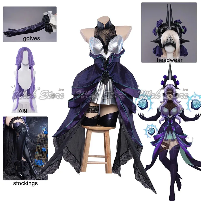 

Anime Game LOL Syndra Cosplay Costume Wig Gloves Stockings Star Guardian Syndra Dress Headwear Halloween Party Carnival Roleplay
