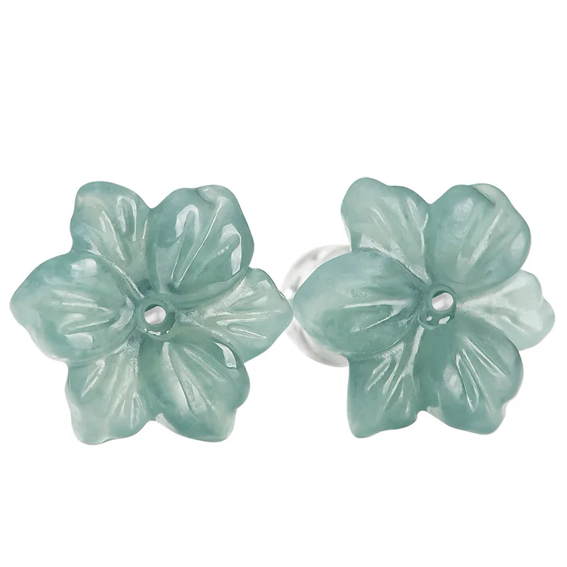 Blue Myanmar Jade Flower Earrings Stone Designer Carved Charm Fashion Gemstone 925 Silver Ear Studs Natural Jewelry Gift