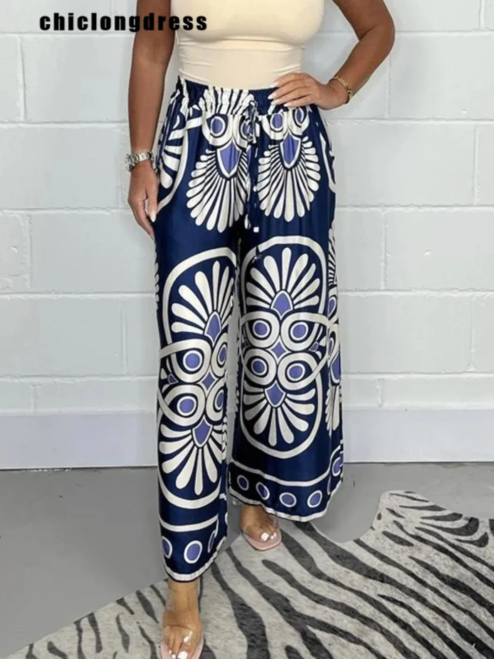 

Summer Fashion Satin Printed High Waisted Wide Leg Pants Women Casual Loose Elastic Long Wide Leg Pants Women