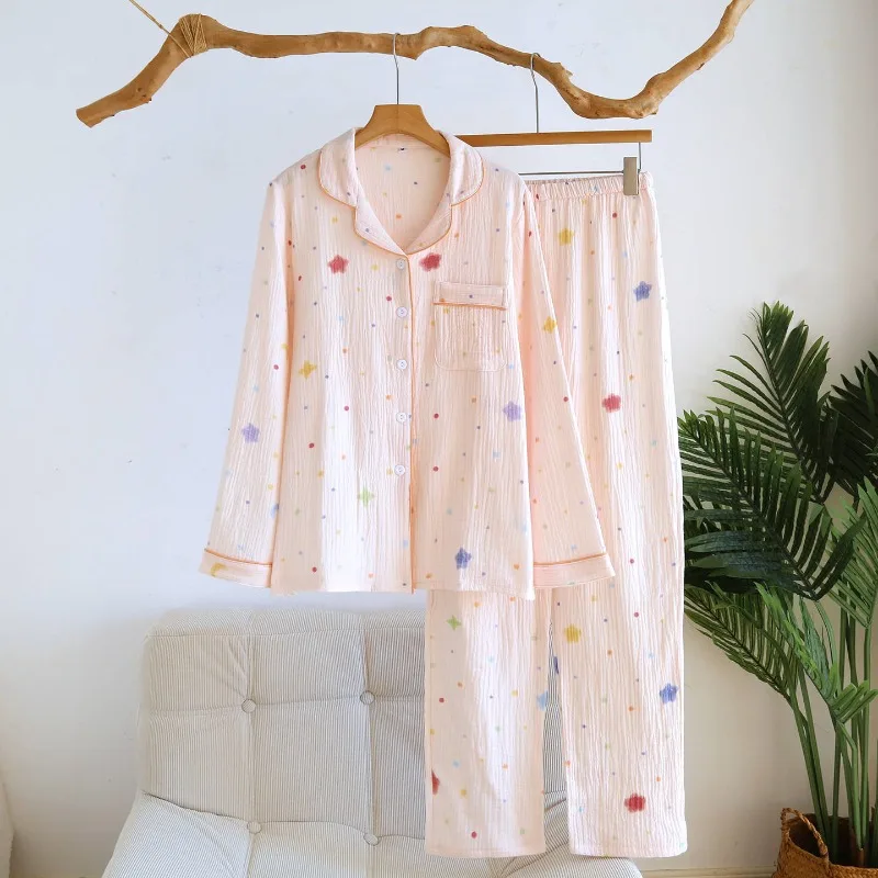 2026 New Spring and Autumn Women's Pajama Set 100% Cotton Crepe Colorful Starry Sky Collar Home Clothes Long Sleeve Pants