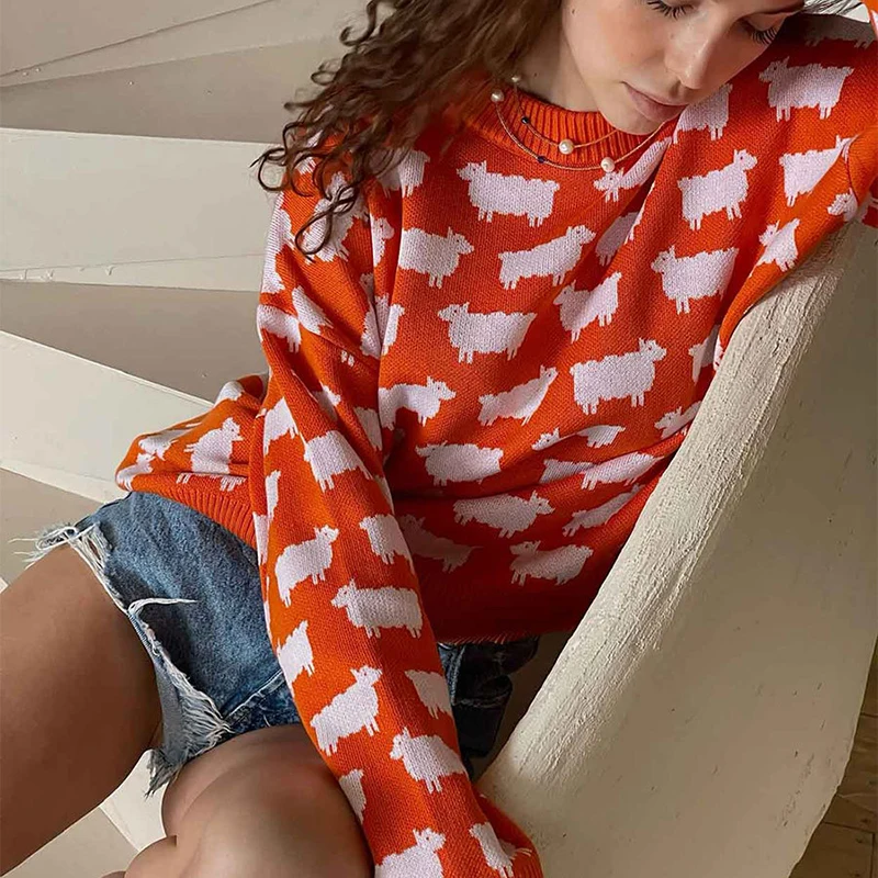 TARUXY Autumn New Round Neck Alpaca Print Sweater For Women Loose Casual Sweater Pullover Fashion Long Sleeve Knitted Top Female