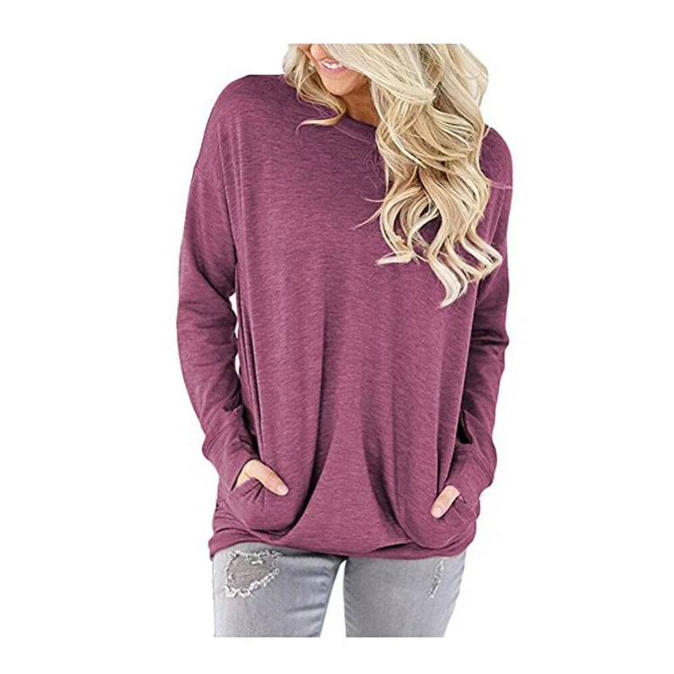 

2026 Women's New Fashion Trend Daily Casual Loose Slim Fit Comfortable Solid Color Round Neck Bat Long Sleeve Pocket Women's