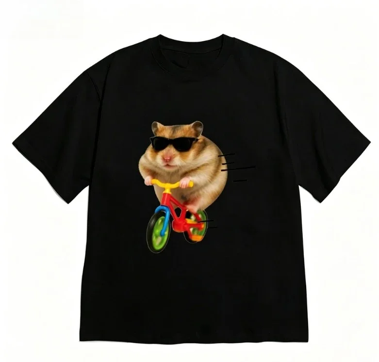 Cool Funny Hamster Riding Bicycle Print T Shirt Women Round Neck Short Sleeve Tee Streetwear Fashion Tops for Daily Casual Wear