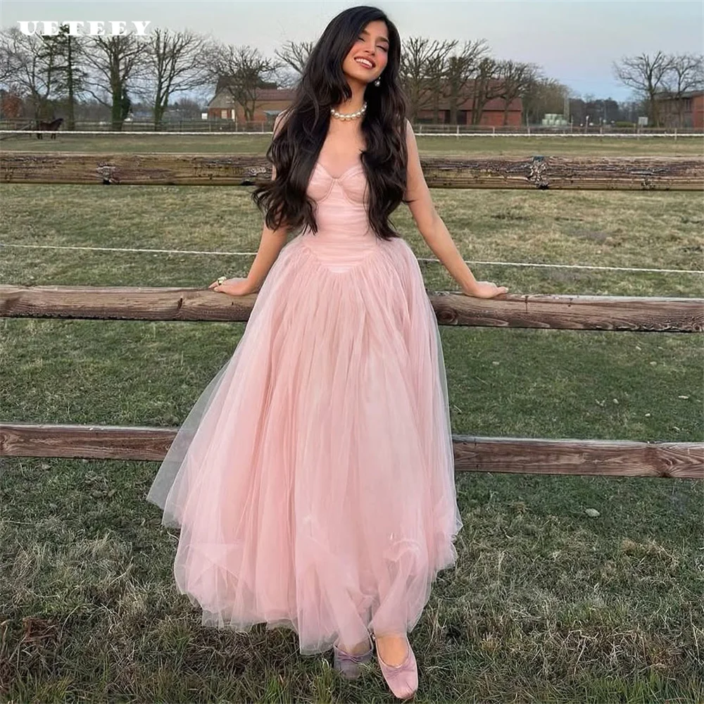 

UETEEY Customized Elegant V Neck Pleats Tulle Pleats A Line Prom Dress Party Lace Up Back Ankle Fairy Length Evening Gown