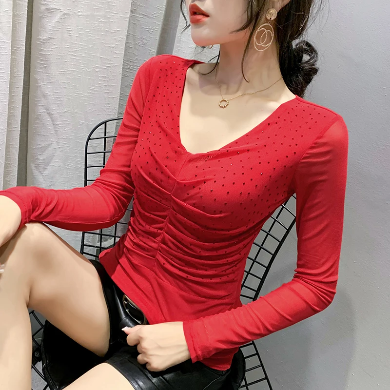 

#7916 Black Red Red Mesh T Shirt Women V Neck Thin Sexy Long Sleeve Women Casual Tee Shirts Femme Stretch Basic T Shirt For Girl