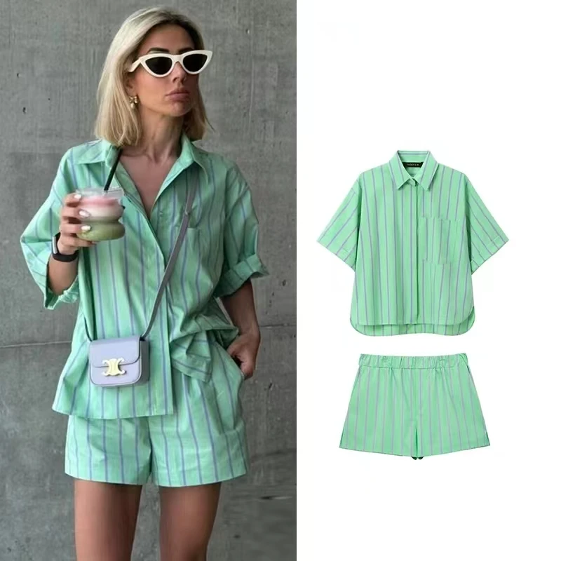 greatguy Woman Fashion Suit Green Stripes Turn-Down Collar Single Breasted Shirts+Mid Waist Side Stripe Long Pants Female Sets