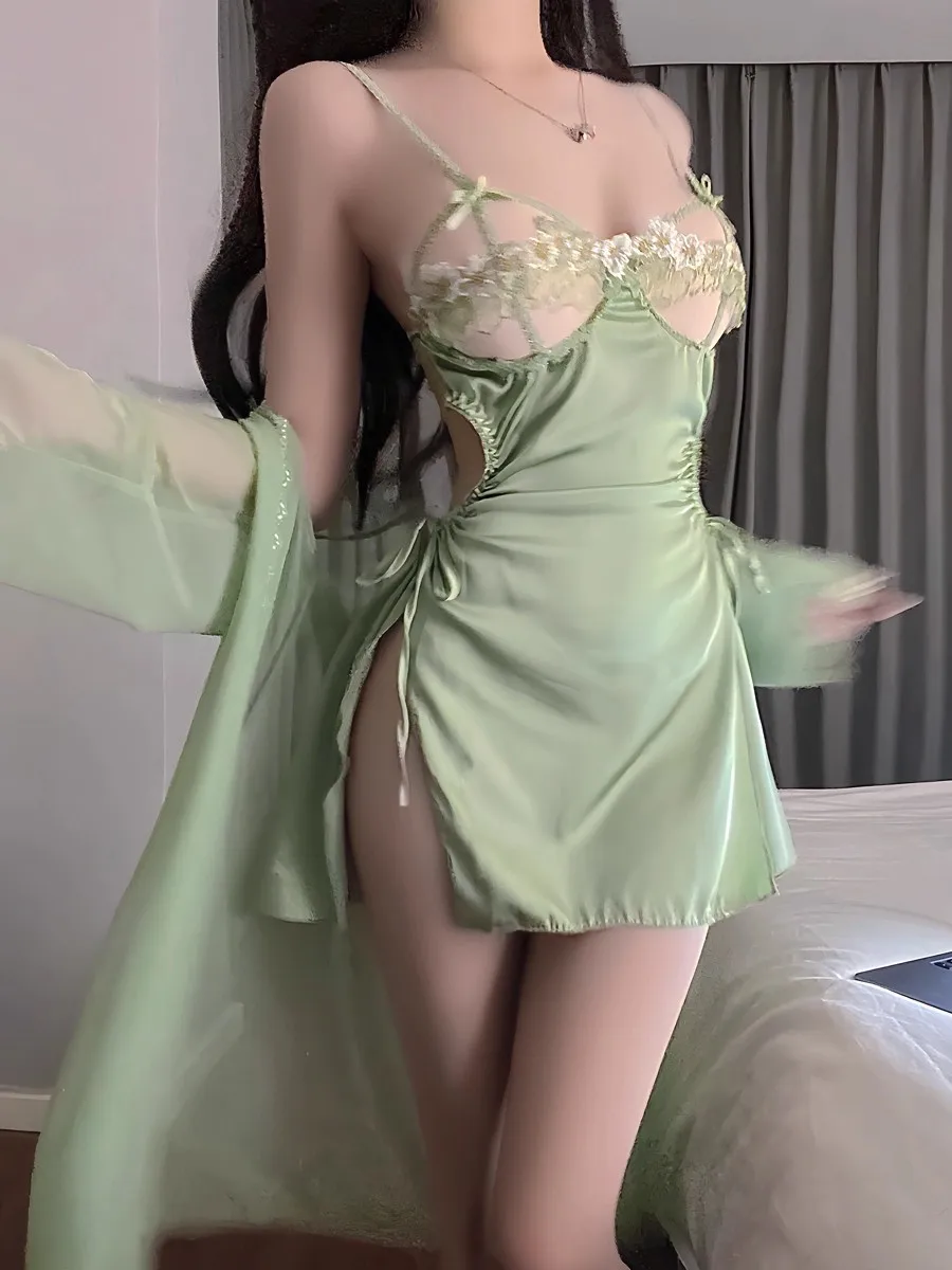 Sexy Sweet Embroidered Ice Silk Strap Pad Backless Split Dress Pure Desire Waist Cinched Long Sleeve Fashionable Two-Piece Set