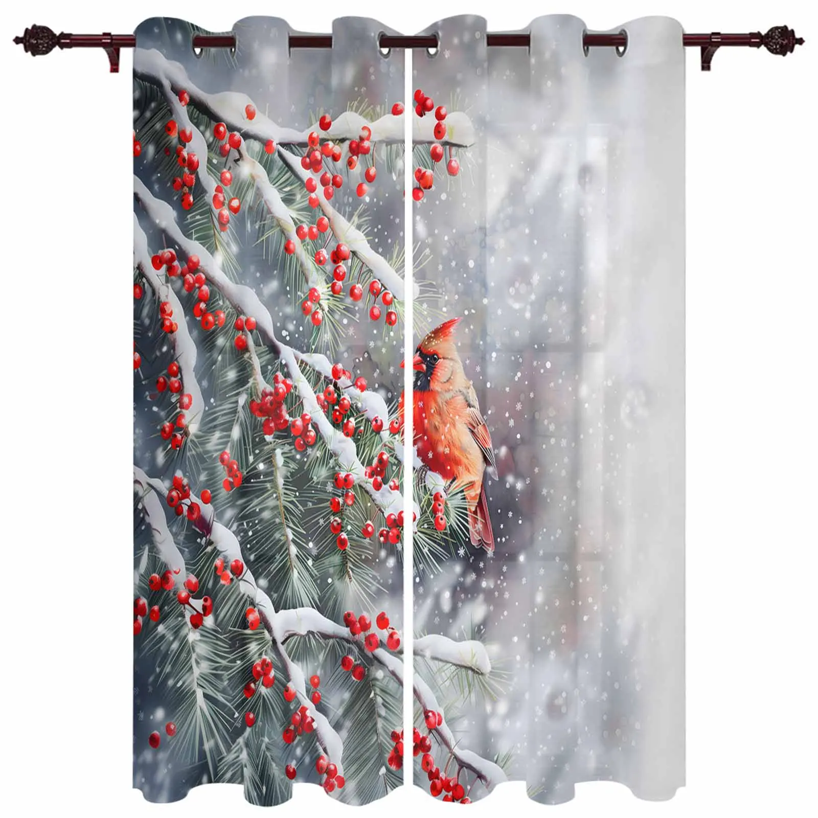 Red Sparrow Berries In Winter Snow Windows Curtains Living Room Luxury Decor Christmas Curtains Bedroom Kitchen Window Drapes