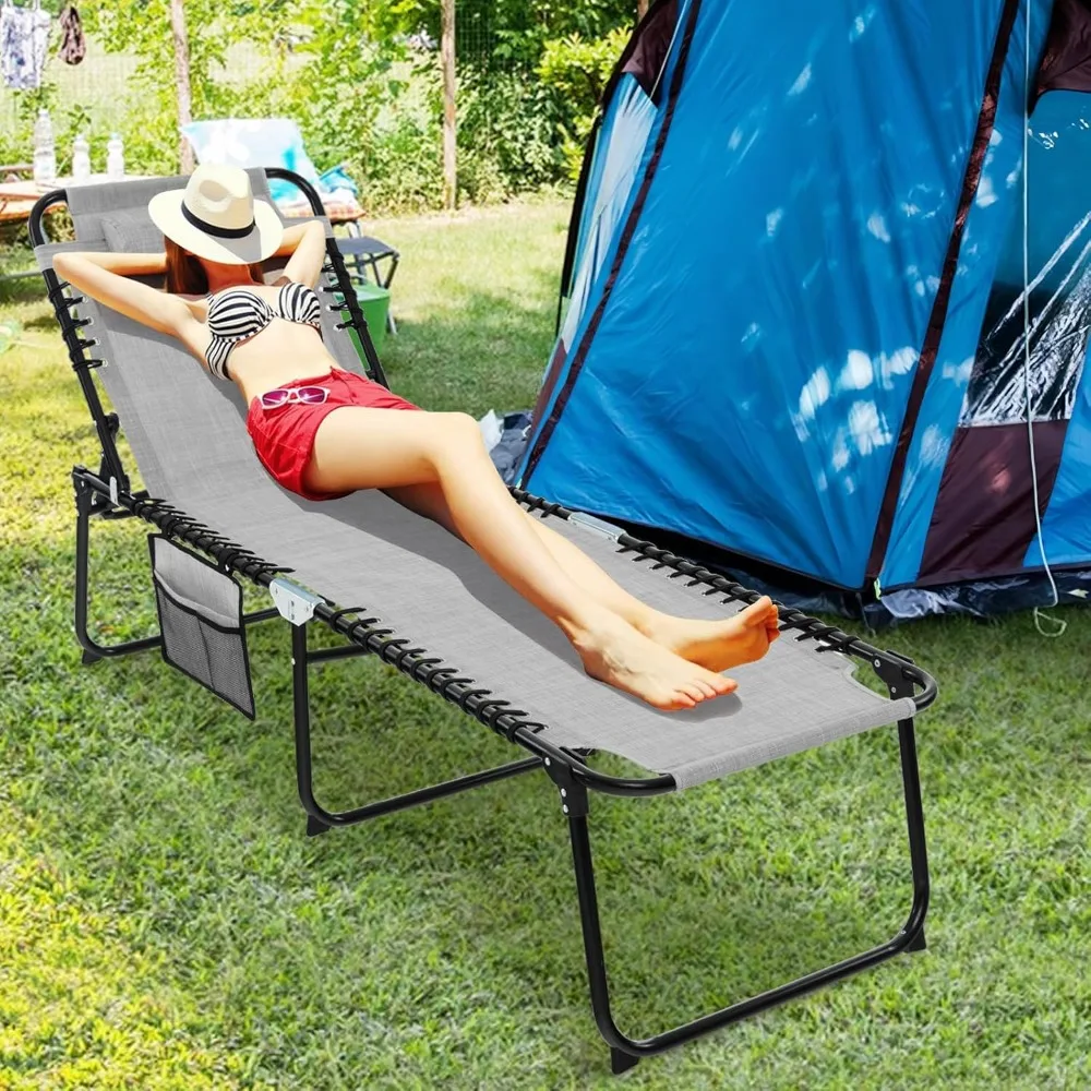 

Patio Lounge Chairs for Outside - Set of 2 Folding Tanning Chair W/Headrest, 4 Adjustable Positions, Side Pocket, Customized