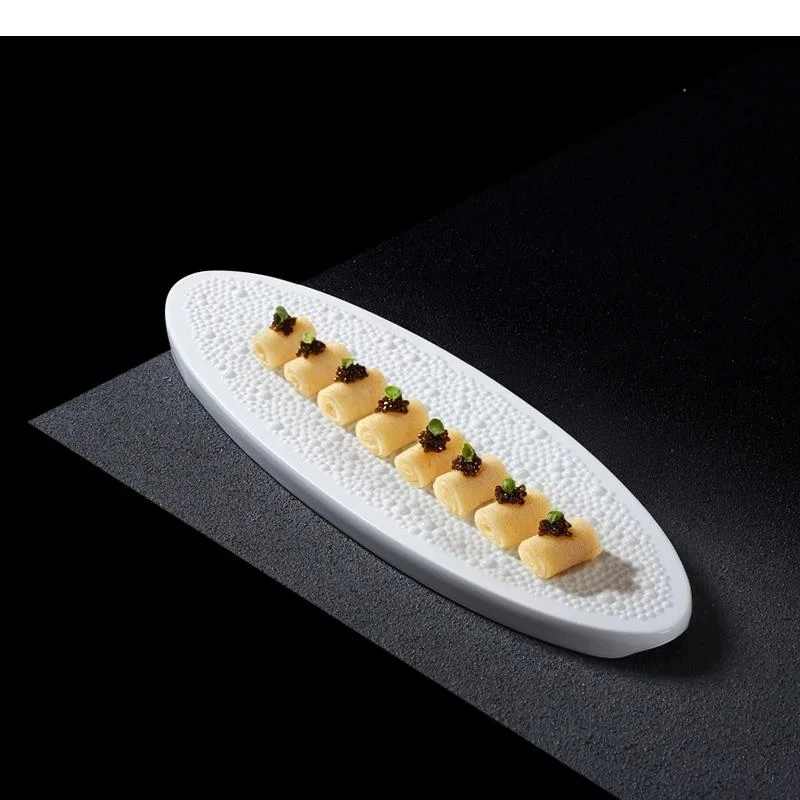 Pure White Bead Dot Texture Ceramic Sushi Plate Oval Dessert Snack Dim Sum Dish Molecular Cuisine Tableware