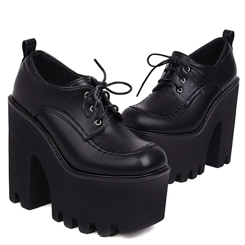 SIMLOVEYO Spring Autumn Ladies Pumps Platform Shoes women Toe Chunky Heels Lace-Up Rubber Size A4616