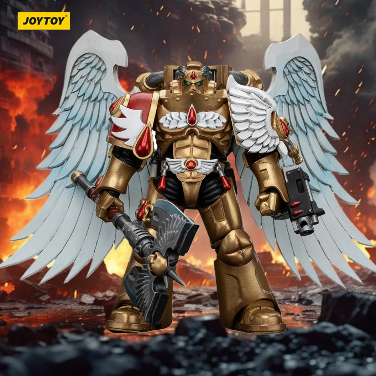 JOYTOY Warhammer 40K บลัดแองเจิลส์ ซันกัวร์นารี การ์ด พร้อมขวานเอนคาร์ไมน์ ฟิกเกอร์แอคชั่น ของสะสม ตุ๊กตา ของเล่นตกแต่ง