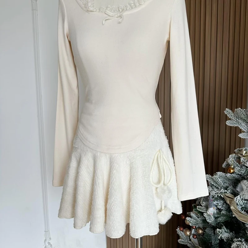 Half-Length Skirt Women's New Style White Knitted Short A-Line Frilled Skirt for Petite Figures