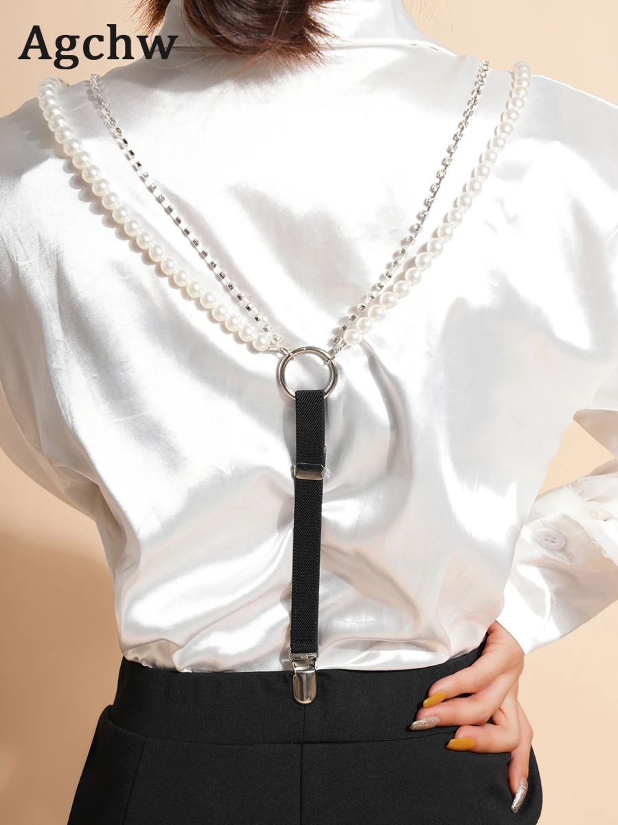 Rhinestone crytal silver claw beads suspenders For women shirt ORing Garters rubber Elasticity Belt Pearl braces for jeans Strap