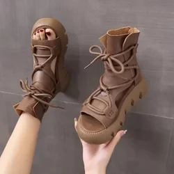 Mid Heel Lace-up Modern Sandals Solid Cross-tied Ladies Shoes on Sale 2024 High Quality Flat with Adult Women's Sandals
