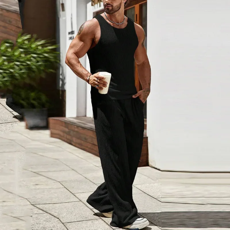 Men's Sets Sleeveless Knitted Tank Top and Pants Two Piece Solid Color Sports and Leisure Set for Men