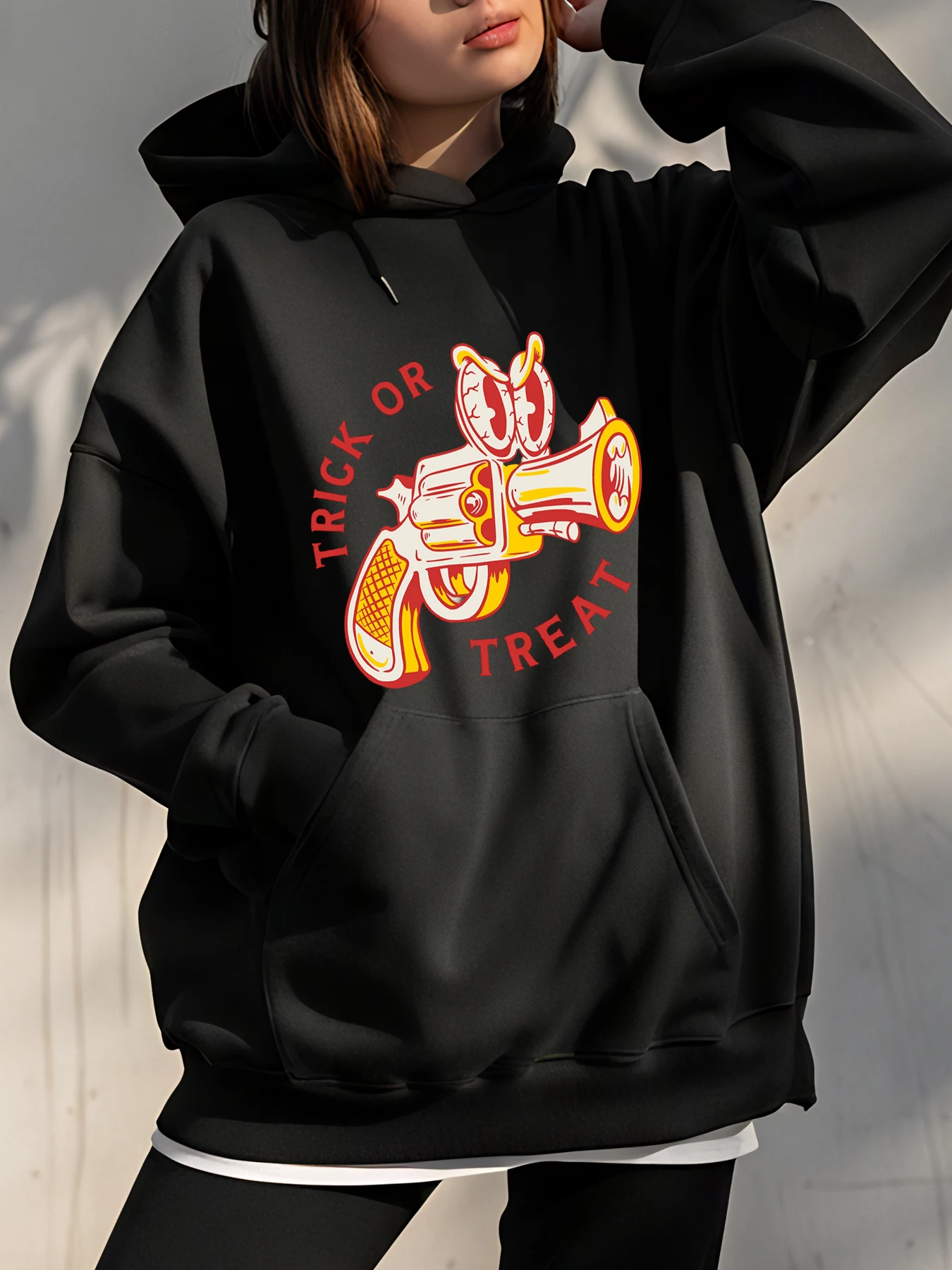 Halloween Hoodie Trick or Treat Gun Print Women's Casual Sweatshirt Autumn Winter Outfit for Girls