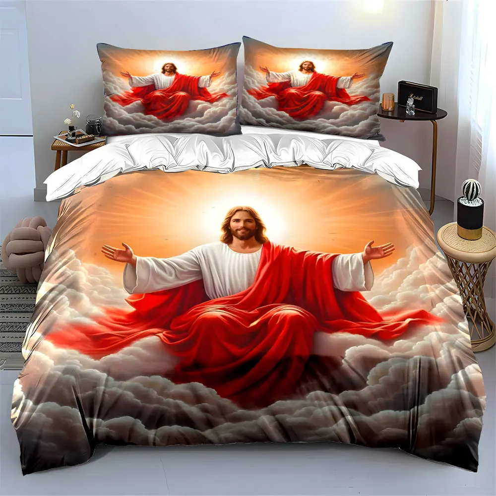 Jesus sat radiantly in the clouds Duvet Cover Set with 3D Printing Design Soft Polyester Bedding Set All-Season Comfort