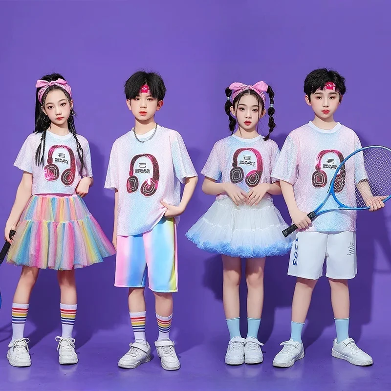 

Костюм джазового танца с блестками для девочек и мальчиков, костюмы для выступлений в стиле хип-хоп, платья de fiesta, костюм болельщика для девочек и мальчиков