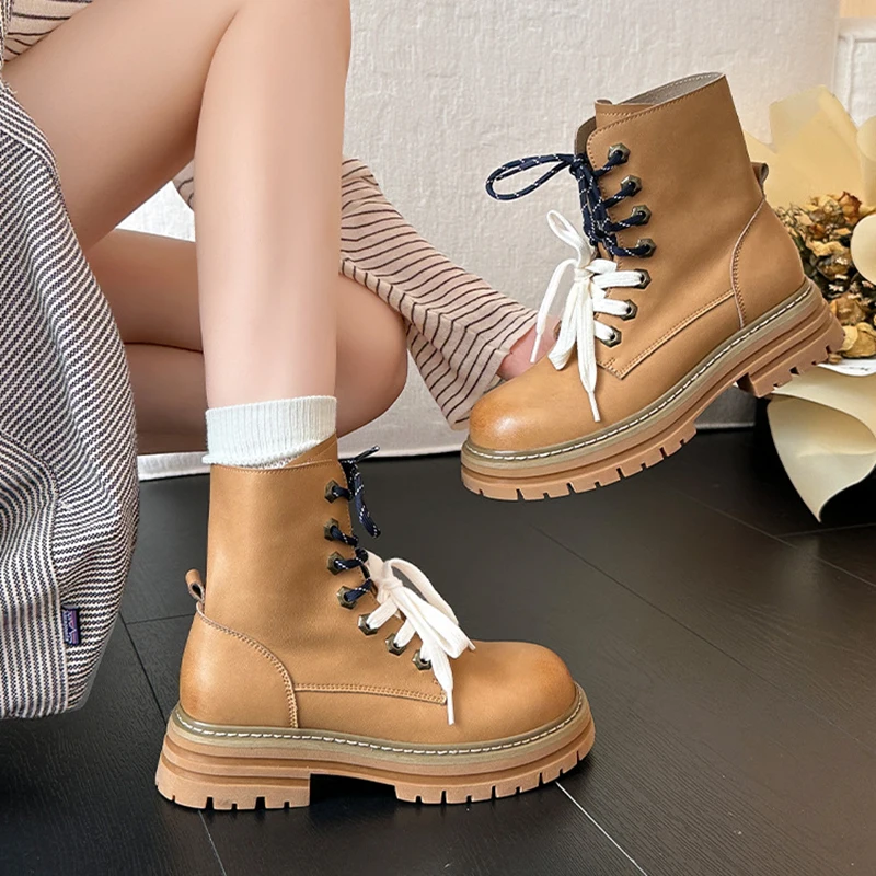 JOZHAMTA Size 35-39 Women Ankle Boots Real Leather Lace-Up Thick Heels Platform Shoes Winter 2025 Ins Fashion Office Daily Dress