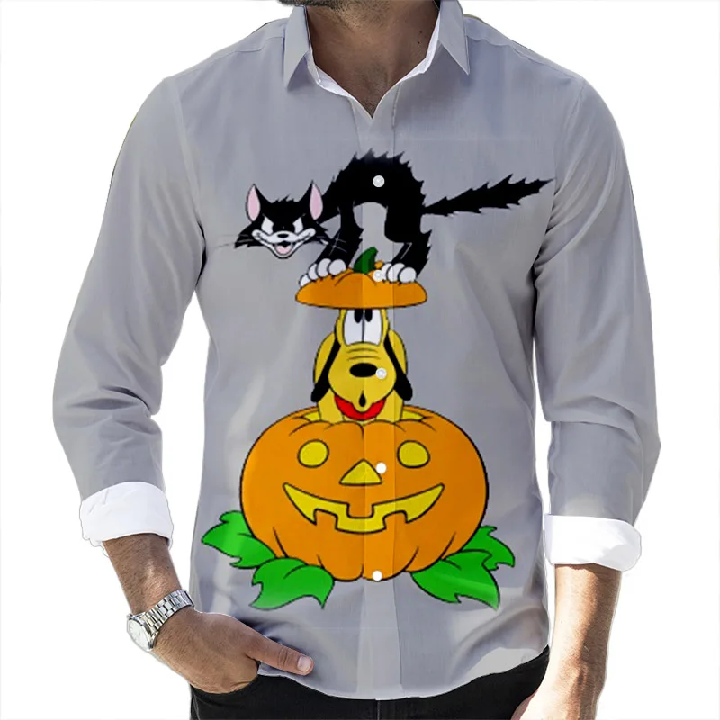 2022 New Halloween Fall Popular Disney Brands Goofy and Mickey Casual 3D Printed Long Sleeve Lapel Shirt Slim Fit Men\'s Top