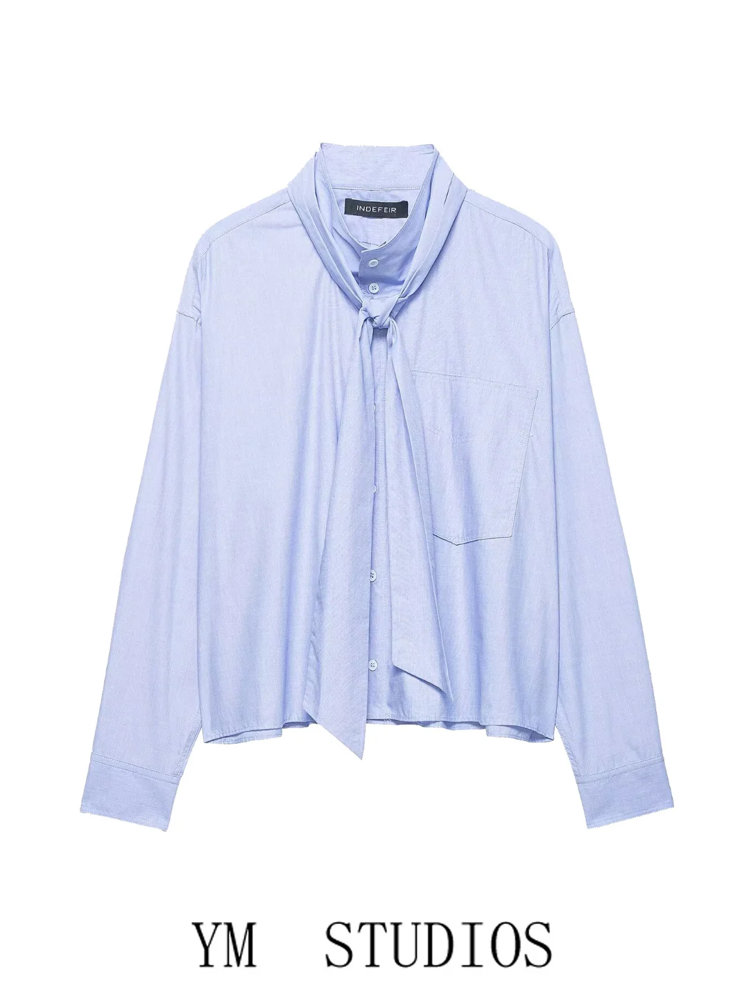 

Loose Long Sleeve Women's Shirt Knot Casual Light Blue Casual Blouse European Style Polyester Fiber Skin-friendly B...