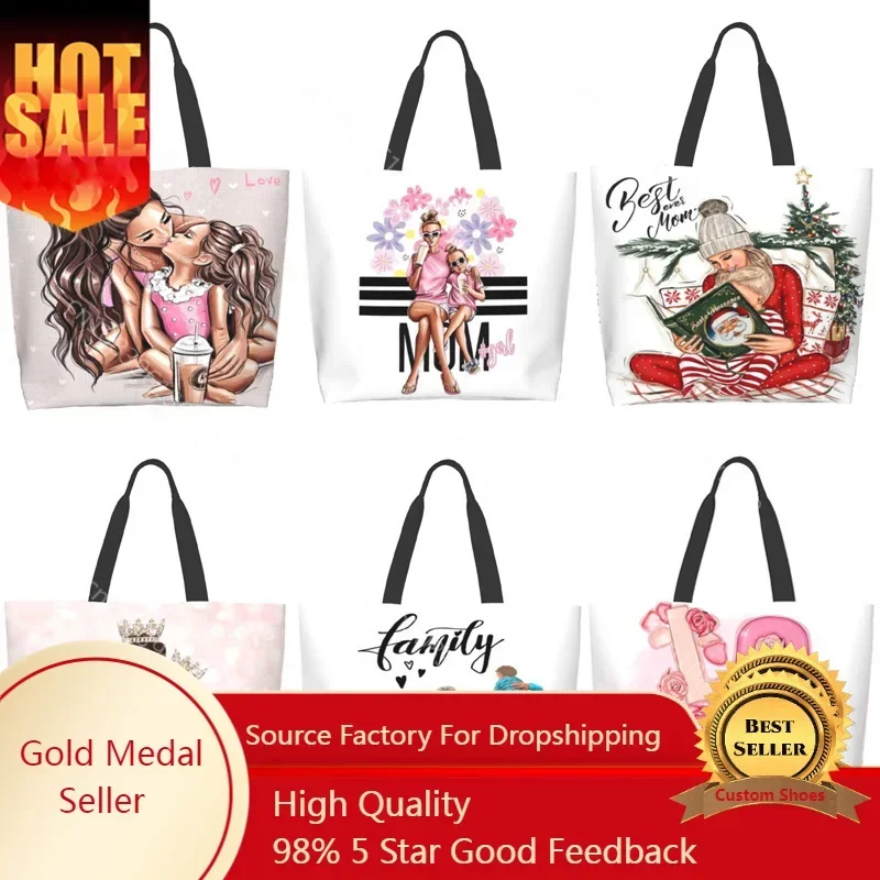 

Cute Cartoon Super Mama Print Tote Bag Travel Shoulder Bags Mom and Baby Folding Women Casual Handbags Eco Reusable Shopping Bag
