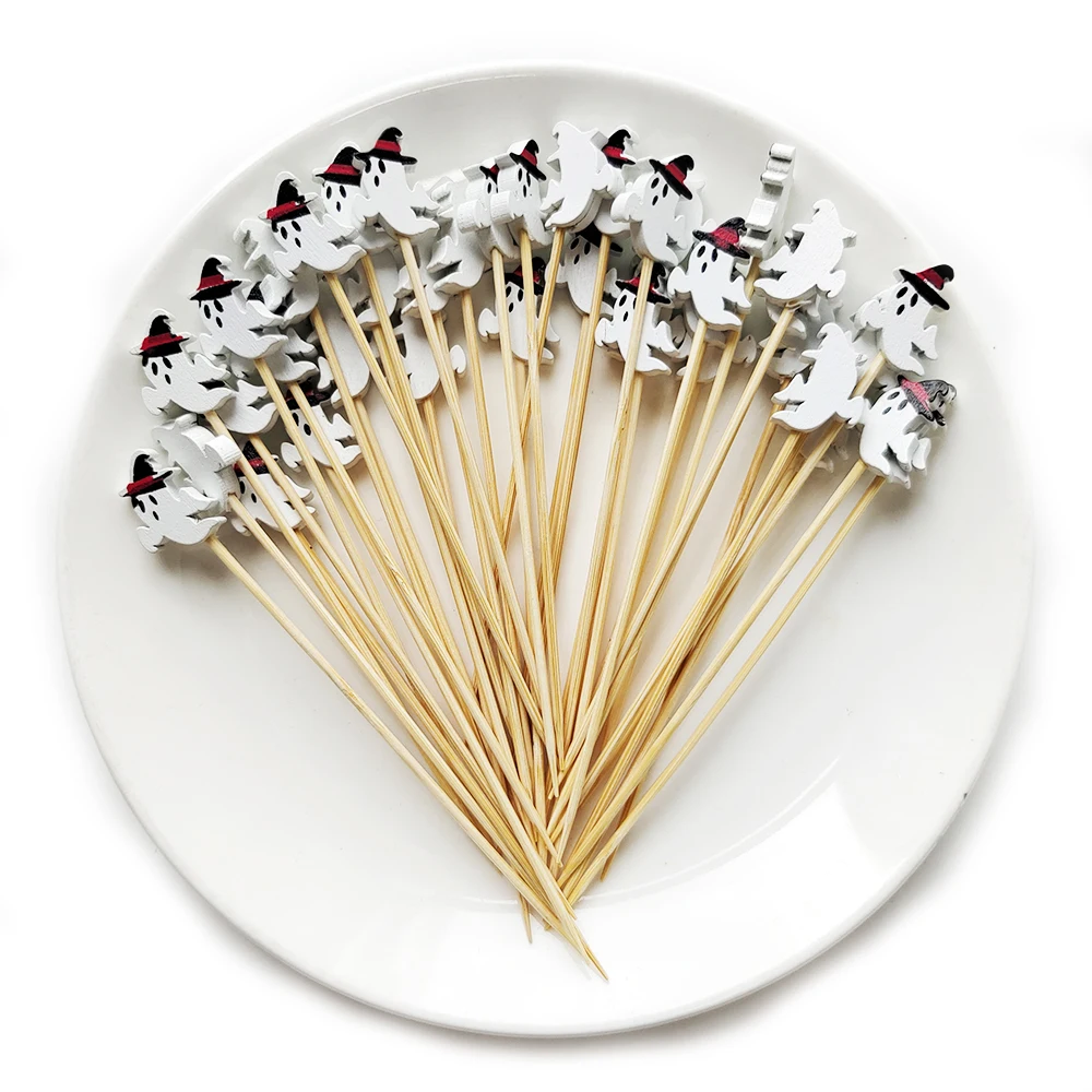 100 Stück Halloween Einweg-Bambusspieße Kürbis-Obstgabel Buffet Dessert Cocktail-Sticks Weihnachts-Schneedeckoration 2026 – Detail 5
