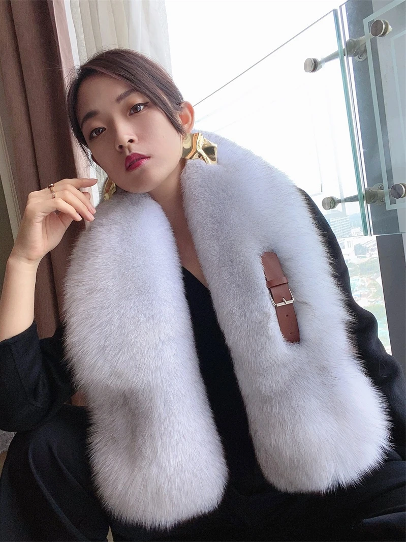 

100% Real Fox Fur Scarf Genuine Natural Fox Collar Women's Neck Warm Shawl With Leather Strap Winter Whole Fox Big Scarves Wraps