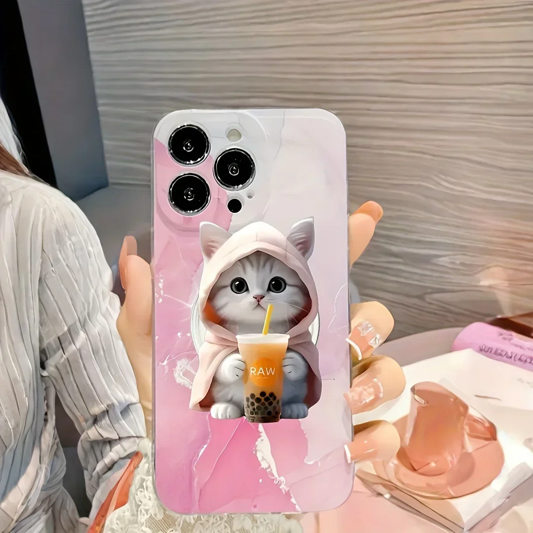 1pc Cute Bubble Tea Cat Phone Stand for iPhone 16 15 14 Acrylic Portable Mobile Holder Expanding Folding Grip Holder Ring Finger