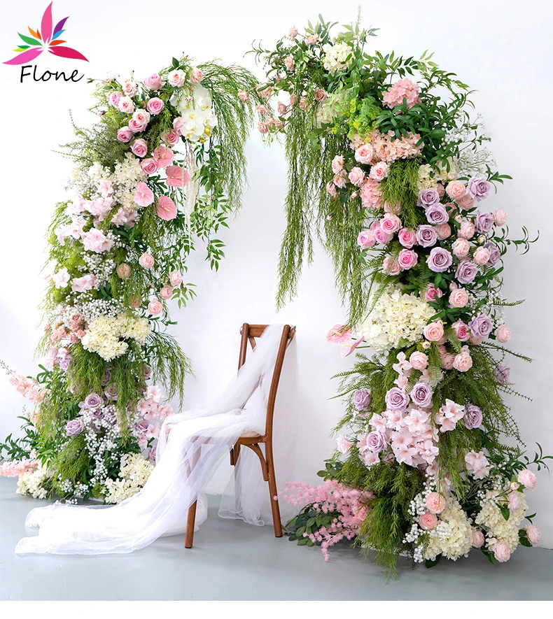 Wedding Decoration artificial flowers Garden Event Backdrop Decor Props Pink Artificial Rose Olive Leaf Arch Floral Arrangement