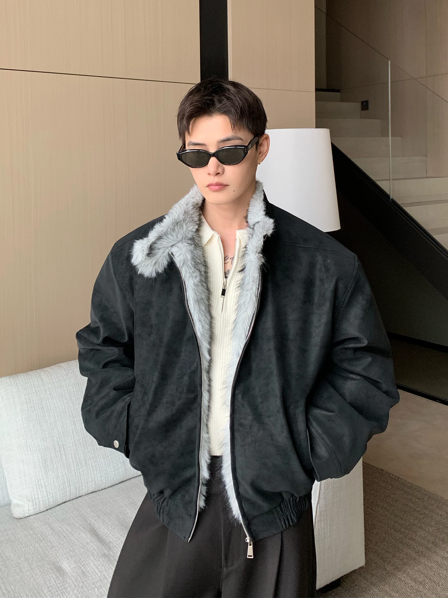 الرجال 2025 شتاء جديد فو فرو المنك بولي Leather الجلود سميكة سترات الذكور وسيم سحاب أكمام طويلة معاطف جيب الديكور شيك سترات #3