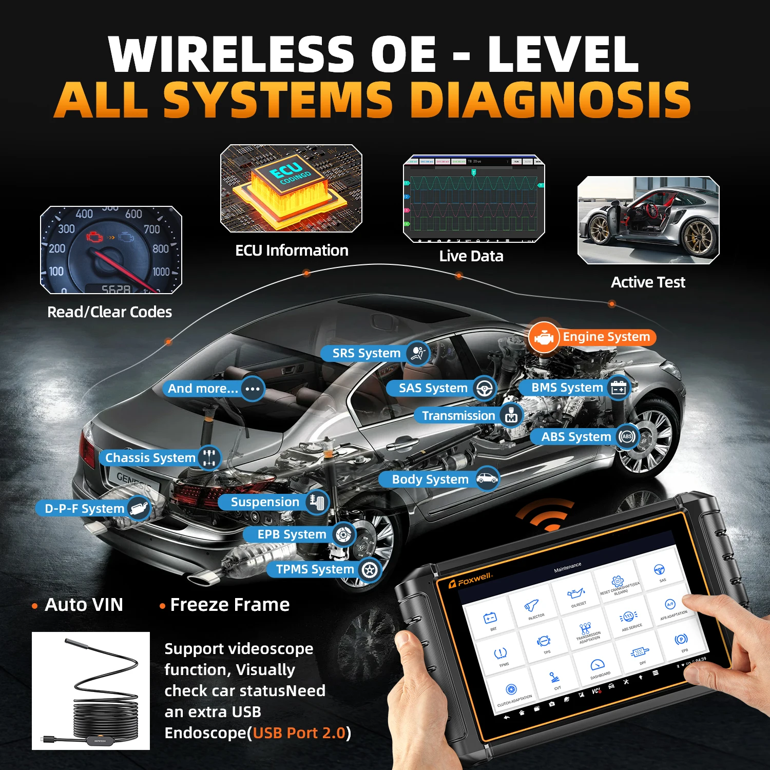 FOXWELL NT909 OBD2 Bluetooth Bi-Directional Scan Tool ECU Coding 24+ Resets All System Car Diagnostic Scanner Upgraded NT809BT