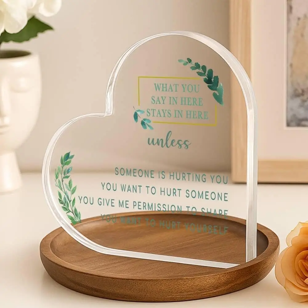 Heart‑Shaped Acrylic Plaque What You Say In Here Stays In Here Therapist Confidentiality Eucalyptus Desktop Ornament Counseling Office Home Decor Sign