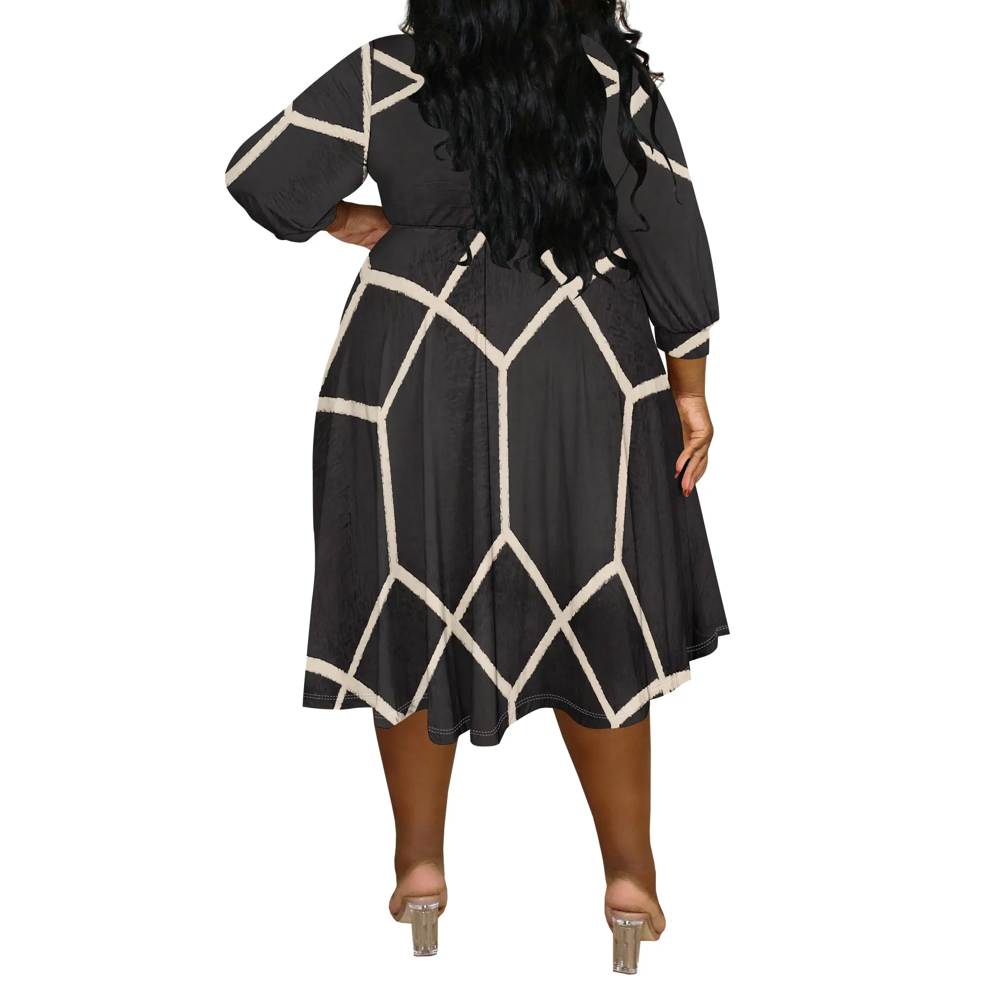 Women's Plus Size Geometric Print Wrap Dress - V-Neck 3/4 Sleeve Black White Casual Office Midi Dress XL-6XL