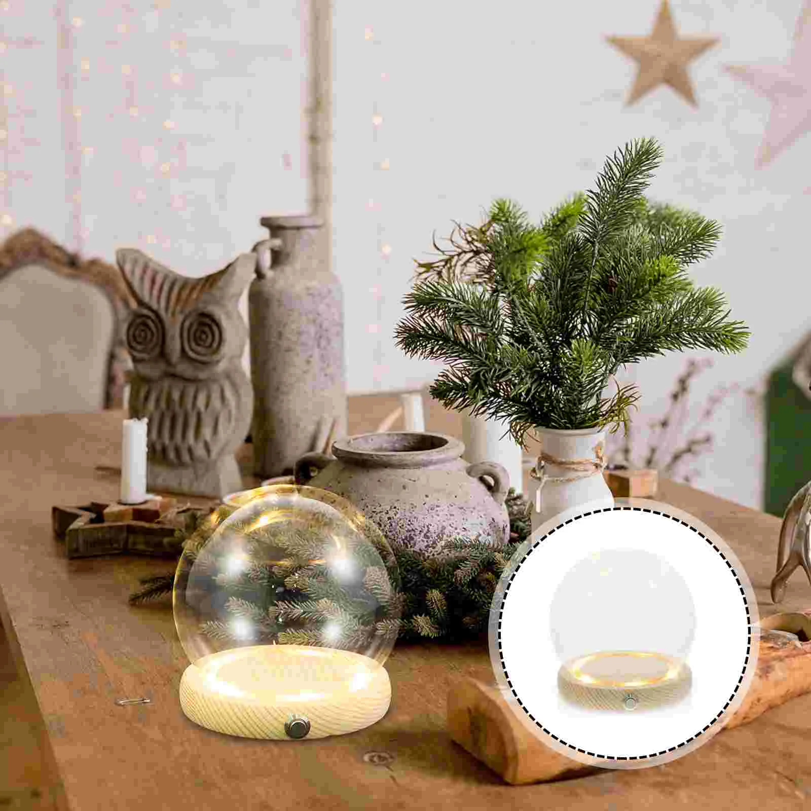 

Glass Cover Luminous Wooden Base Ornaments Office Faux Plant Fairy Lights Globe