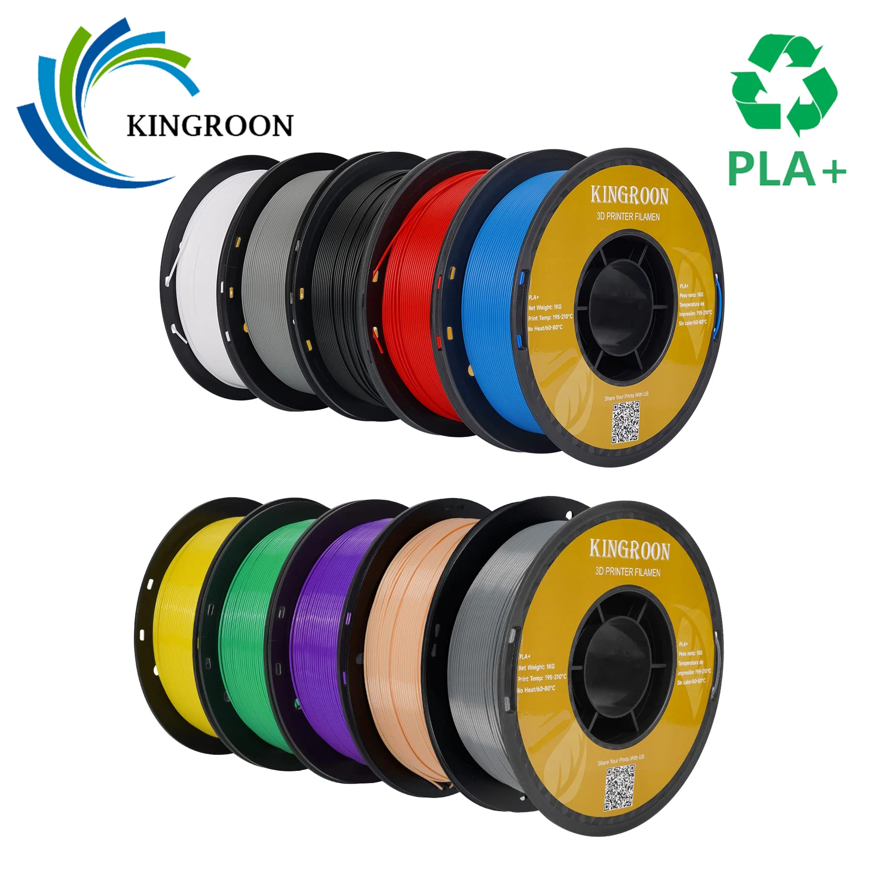 KINGROON PLA Plus（PLA+）3D Printer Filament, 10 Rolls 10kg, Dimensional Accuracy +/- 0.03 mm,Black White Grey Red Blue